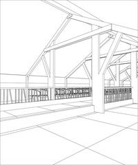 Abstract industrial building constructions indoor. Tracing illustration of 3d.