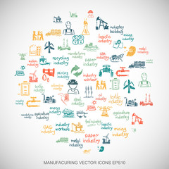 Multicolor doodles Hand Drawn Industry Icons set on White. EPS10 vector illustration.