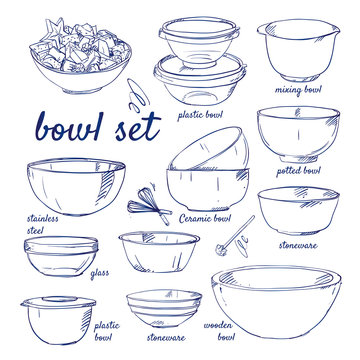 Doodle set of Bowls - plastic, mixing, stainless steel, glass, plastic, stoneware, wooden, potted, ceramic, whisk, fruits, salad, hand-drawn. Vector sketch illustration isolated over white background.