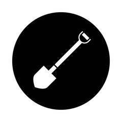 Shovel circle icon. Black, round, minimalist icon isolated on white background. Shovel simple silhouette. Web site page and mobile app design vector element.