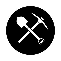 Shovel and pickaxe icon. Black icon isolated on white background. Round icon. Shovel and pick axe silhouette. Simple circle icon. Web site page and mobile app design vector element.
