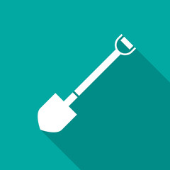 Shovel icon with long shadow. Flat design style. Shovel simple silhouette. Modern, minimalist icon in stylish colors. Web site page and mobile app design vector element.