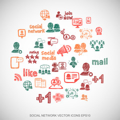 Fototapeta premium Multicolor doodles Hand Drawn Social Network Icons set on White. EPS10 vector illustration.