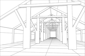 Wire-frame industrial building indoor on the white. Tracing illustration of 3d.