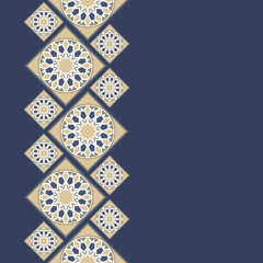 Seamless border in Spanish style. Spain tilework. Portugal ceramic tiles. Azulejo background. Indigo card.