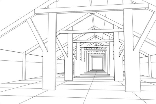 Wire-frame industrial building indoor on the white. Tracing illustration of 3d.