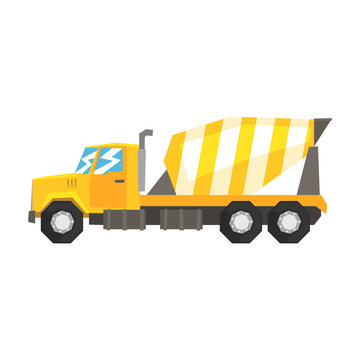 Yellow concrete mixer truck, heavy industrial machinery, construction equipment vector Illustration