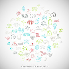 Multicolor doodles Hand Drawn Vacation Icons set on White. EPS10 vector illustration.