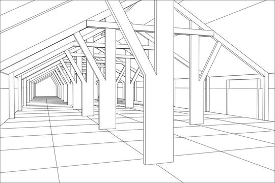 Industrial building wireframe for abstract background.Tracing illustration of 3d.