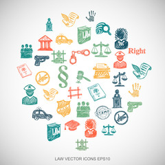 Multicolor doodles Hand Drawn Law Icons set on White. EPS10 vector illustration.