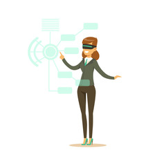 Fototapeta premium Businesswoman wearing VR headset working in digital simulation, future technology concept vector Illustration