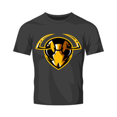 Furious hornet head athletic club vector logo concept isolated on black t-shirt mockup. 
Modern sport team mascot badge design. Premium quality wild insect emblem t-shirt tee print illustration.