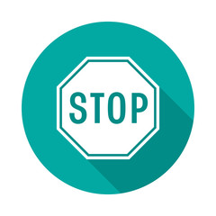 Stop sign circle icon with long shadow. Flat design style. Stop sign drive simple silhouette. Modern, minimalist, round icon in stylish colors. Web site page and mobile app design vector element.