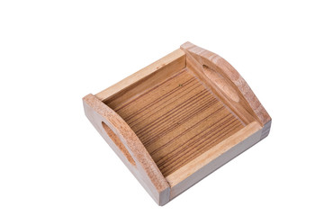 Wooden tray, small empty wooden tray isolated on white background. Clipping path included.