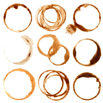 Coffe stains and splashes, dirty brown cup rings vector set