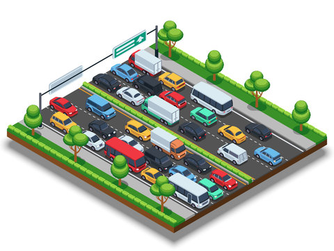 Isometric Highway With Traffic Jam. 3d Transportation Vector Concept With Cars And Trucks