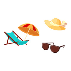 Summer vacation objects - lounge chair, beach umbrella, straw hat, sunglasses, cartoon vector illustration isolated on white background. Cartoon lounge chair, beach umbrella, straw hat, sunglasses