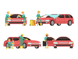 Washing car services vector concepts with cars and cleaners