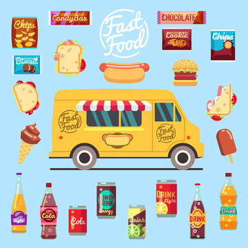 Food truck with big set summer meal, fast food snacks, bottle drinks and ice cream. Flat vector illustration