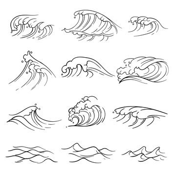 Hand drawn ocean waves vector set. Sea storm wave isolated