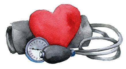 watercolor sketch of medical tonometer with heart  isolated on white background