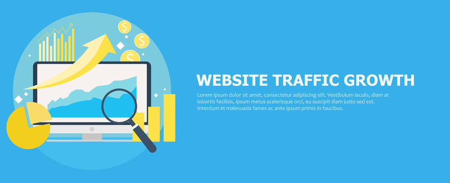 Website traffic growth banner.  Computer with diagrams, growth charts. Magnifying glass
