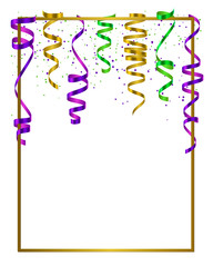 Gold frame with green, yellow and violet serpentine, ribbon and dust confetti isolated on white background