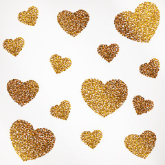 Fototapeta premium Poster with heart of gold confetti, sparkles, golden glitter