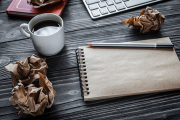concept of writer desktop wooden background top view mock up