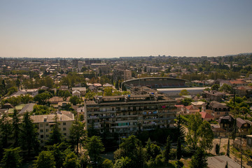 Evening aerial cityscape of Sukhum downtown, Abkhazia in summer
