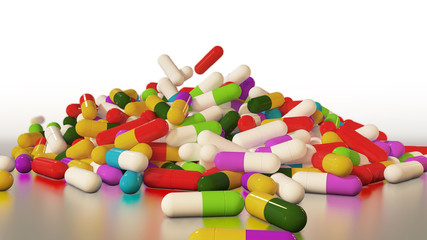3D rendering multicolored medical pills falling from top to bottom