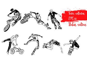 Set of extreme sportsmen. Rollers, bicyclists and skaters. Extreme theme modern print. Vector design elements. Isolated on white background