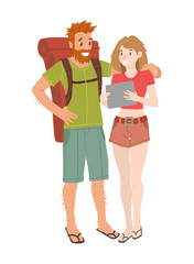 Young woman and man, couple of backpackers, hitchhikers, travelers, pretty girl and hipster man with backpack, travelling together, cartoon illustration.