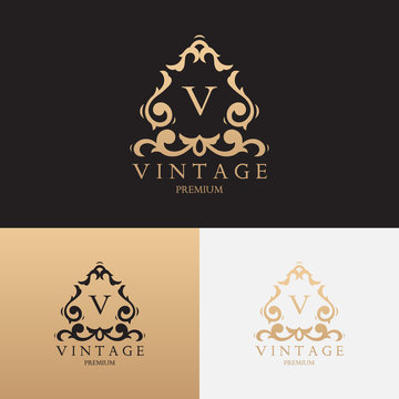 Vintage premium brand logo template. Vector symbol with floral ornament. Logotype for uses in fashion spheres, hotel and restaurant business and jewelry industry.