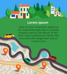 Top view city map with winding roads. Street Map with navigation icons. Navigation concept. Vector illustration can used for web banner and info graphic.