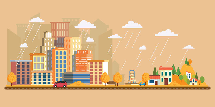 Autumn landscape in a cloudy day.Vector illustration in flat style, urban landscape with large skyline with private houses on a background hills. Asphalt road with cars.Leaf fall with rain