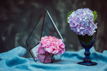 Glass with a blue hydrangea stands on the table