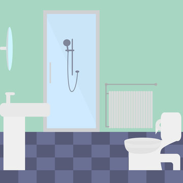 Bathroom, flat image, toilet bowl, sink, shower cubicle