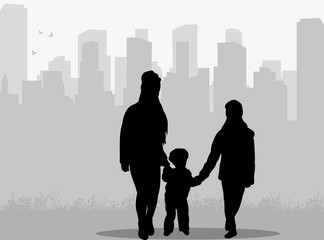 Vector, isolated silhouette children go together on the background of the city