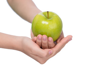 Young beautiful asian woman eating fresh green apple on white background