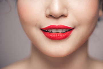 Obraz premium Red Sexy Lips closeup. Make up concept. Beautiful Perfect Lips.