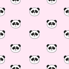 Seamless pattern with cute pandas on pink. Vector repeating background for kids.