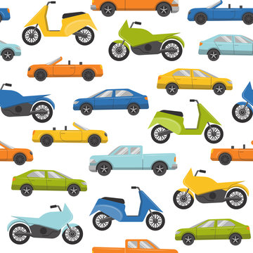 Seamless pattern with cars and motorbikes