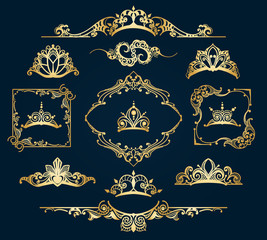 Victorian style golden decor elements. Filigree vector royal motif gold design calligraphic ornament items isolated on blue background