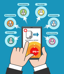 Telehealth concept, computer remote medical care. Hand with smartphone communicates with telemedicine doctors flat vector illustration