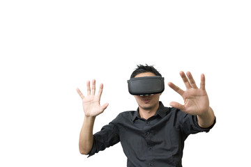 Young man using a VR headset and experiencing virtual reality isolated on white background