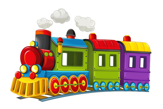 Cartoon funny looking steam train on white background without tracks - illustration for children