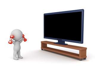 3D Character with Aerobic Exercise Weights and Large Television