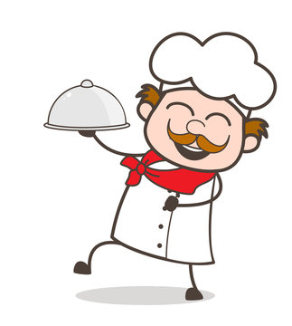 Cartoon Cheerful Chef Holding Dishes Vector Illustration
