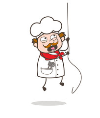 Cartoon Adventurous Chef Climbing Rope Vector Illustration